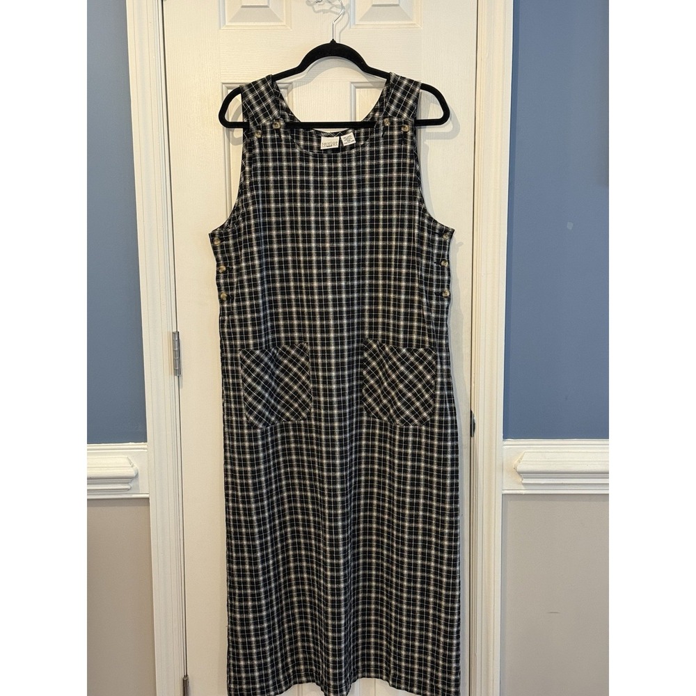 Vtg Black White Plaid Maxi Jumper Dress Size 16W Carolina Colours Linen Cotton